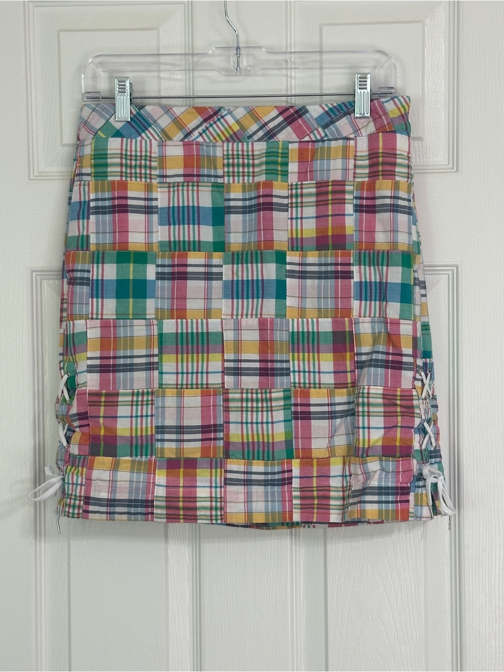 Talbots Petites Madras Plaid Patchwork Cotton Mini Skirt Lace Up Detail 4P